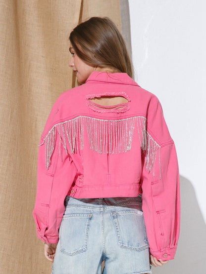 Cropped Collared Neck Dropped Shoulder Denim Jacket