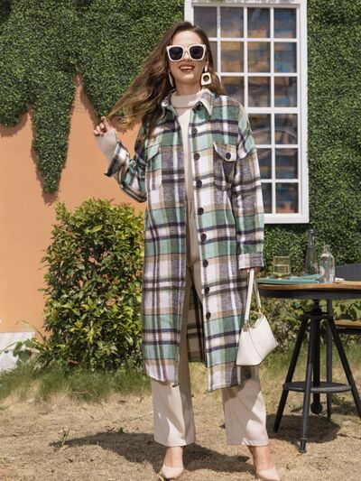 Plaid Button Up Dropped Shoulder Coat