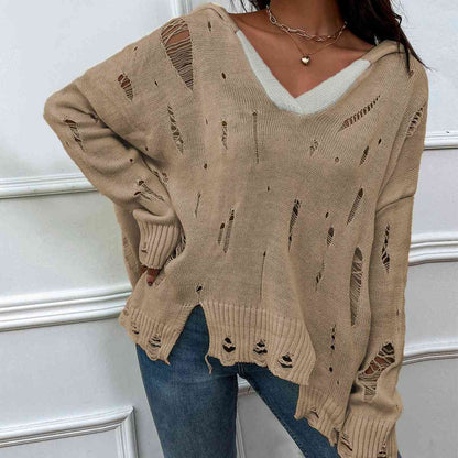 Distressed Slit Drop Shoulder Hooded Sweater