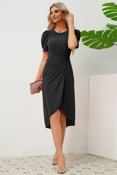 Slit Ruched Round Neck Puff Sleeve Dress