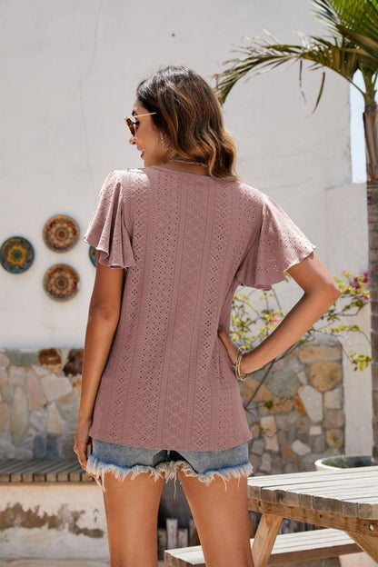 Eyelet Flutter Sleeve Short Sleeve Top