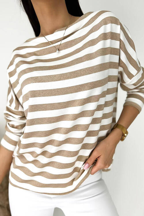 Striped Round Neck Long Sleeve Blouse