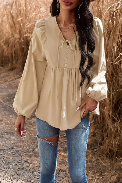 Tied Decorative Button Balloon Sleeve Blouse