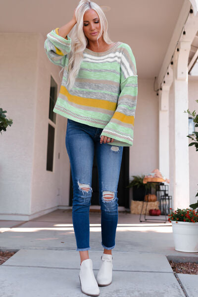 Striped Dropped Shoulder Flare Sleeve Sweater