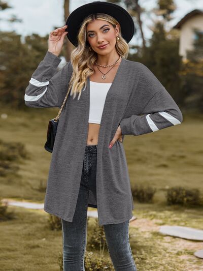 Striped Open Front Dropped Shoulder Cardigan