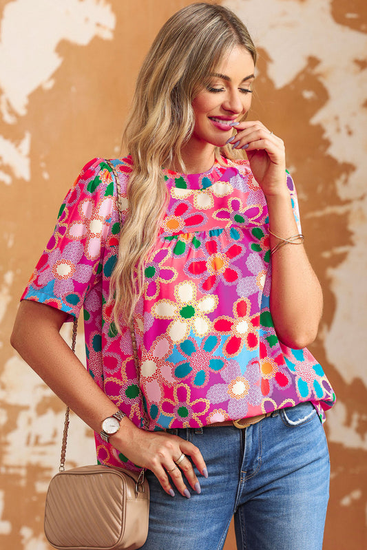 Tied Printed Round Neck Half Sleeve Blouse