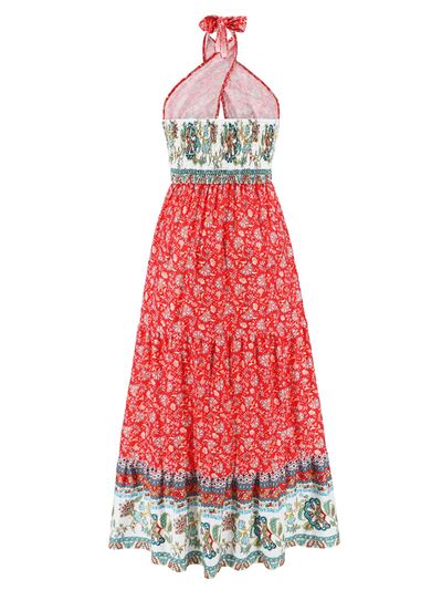 Smocked Printed Halter Neck Dress