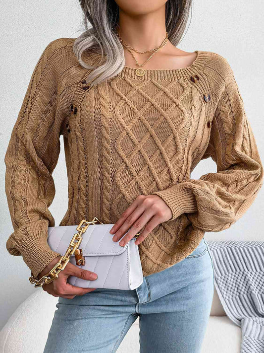 Decorative Button Cable-Knit Sweater