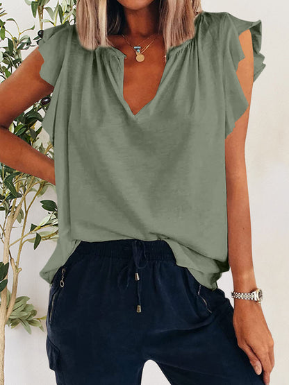 Ruffled Notched Cap Sleeve T-Shirt