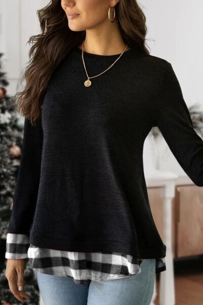 Plaid Round Neck Long Sleeve T-Shirt