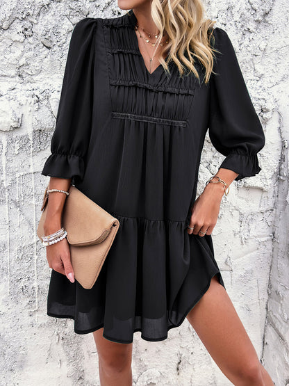 Ruched Notched Flounce Sleeve Dress