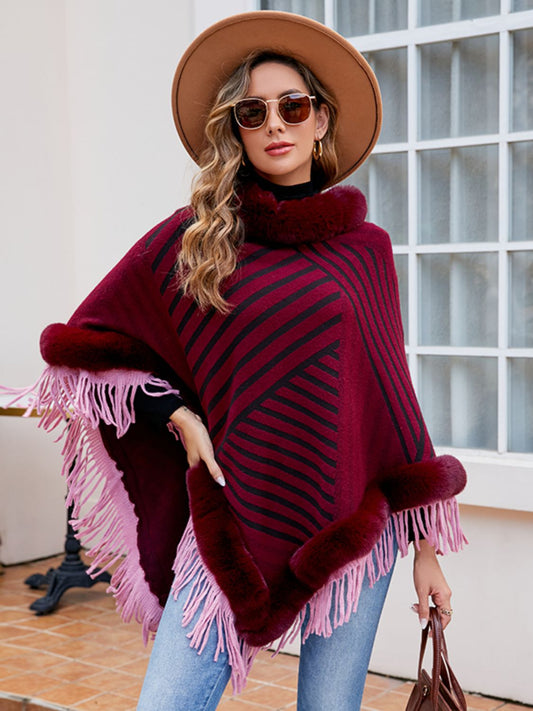 Striped Fringe Hem Poncho