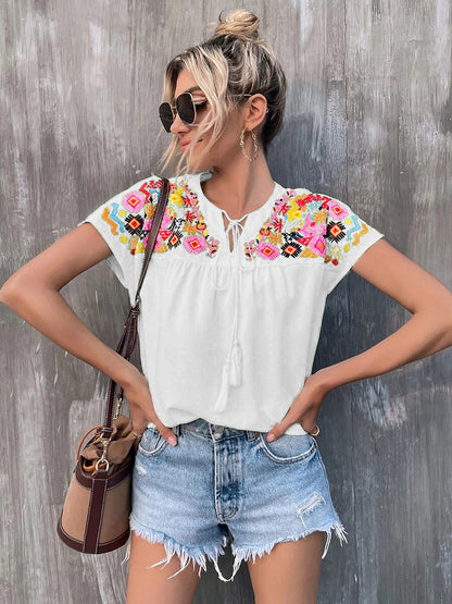 Printed Notched Neck Short Sleeve Blouse