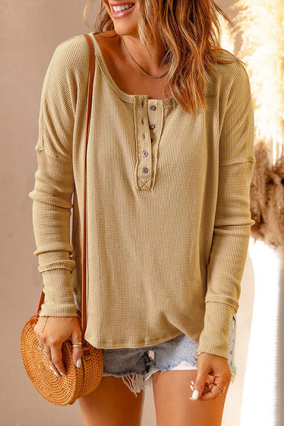 Waffle Knit Henley Long Sleeve Top