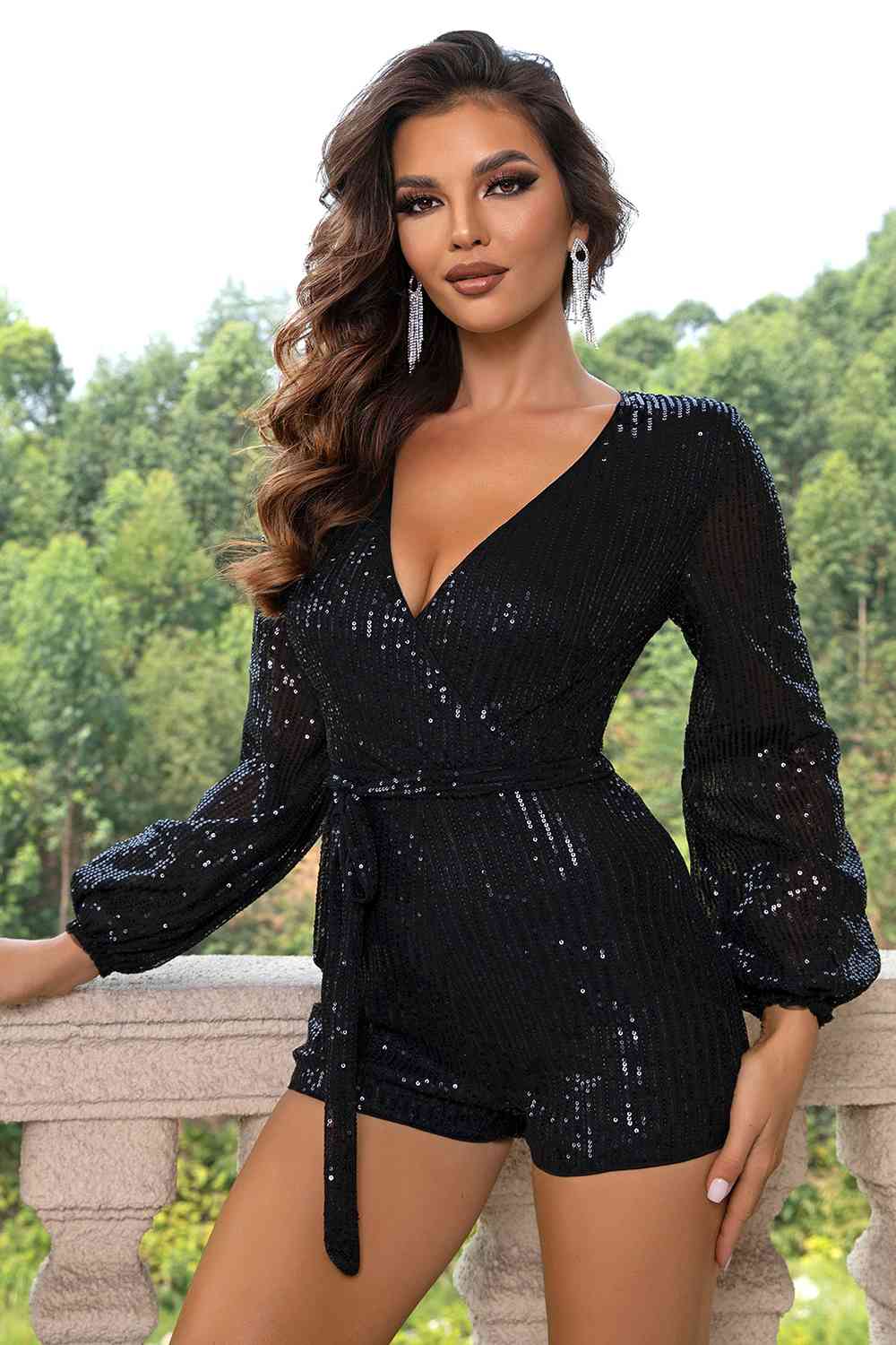 Sequin Tie Waist Long Sleeve Romper