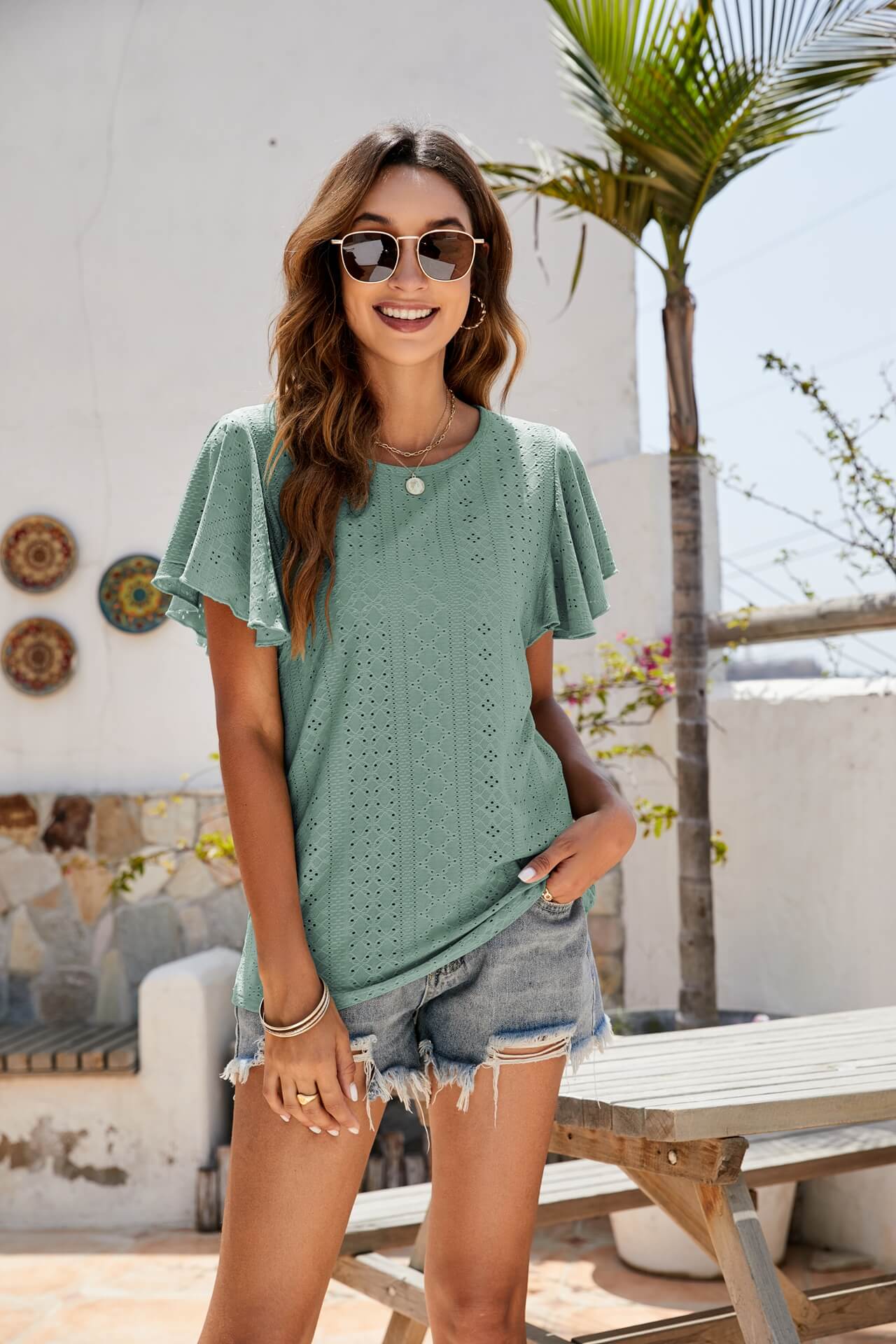 Eyelet Flutter Sleeve Short Sleeve Top