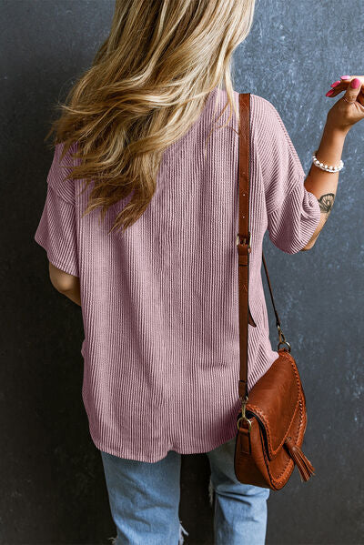 Textured V-Neck Dropped Shoulder T-Shirt