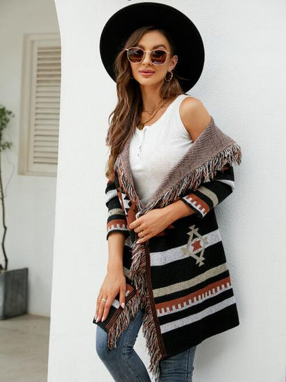 Fringe Geometric Hooded Long Sleeve Cardigan