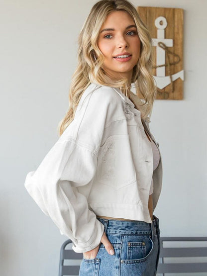 Cropped Collared Neck Dropped Shoulder Denim Jacket