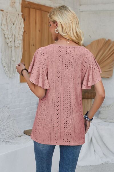 Eyelet Applique V-Neck Cap Sleeve T-Shirt