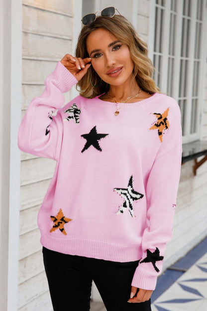 Star Pattern Round Neck Dropped Shoulder Sweater