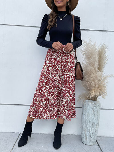 Printed Mock Neck Puff Sleeve Midi Dress