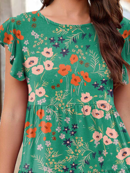 Printed Round Neck Tiered Dress