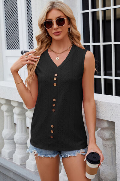 Decorative Button Eyelet V-Neck Tank