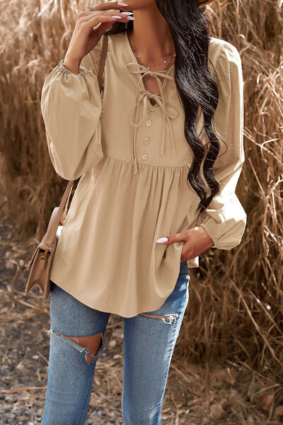 Tied Decorative Button Balloon Sleeve Blouse