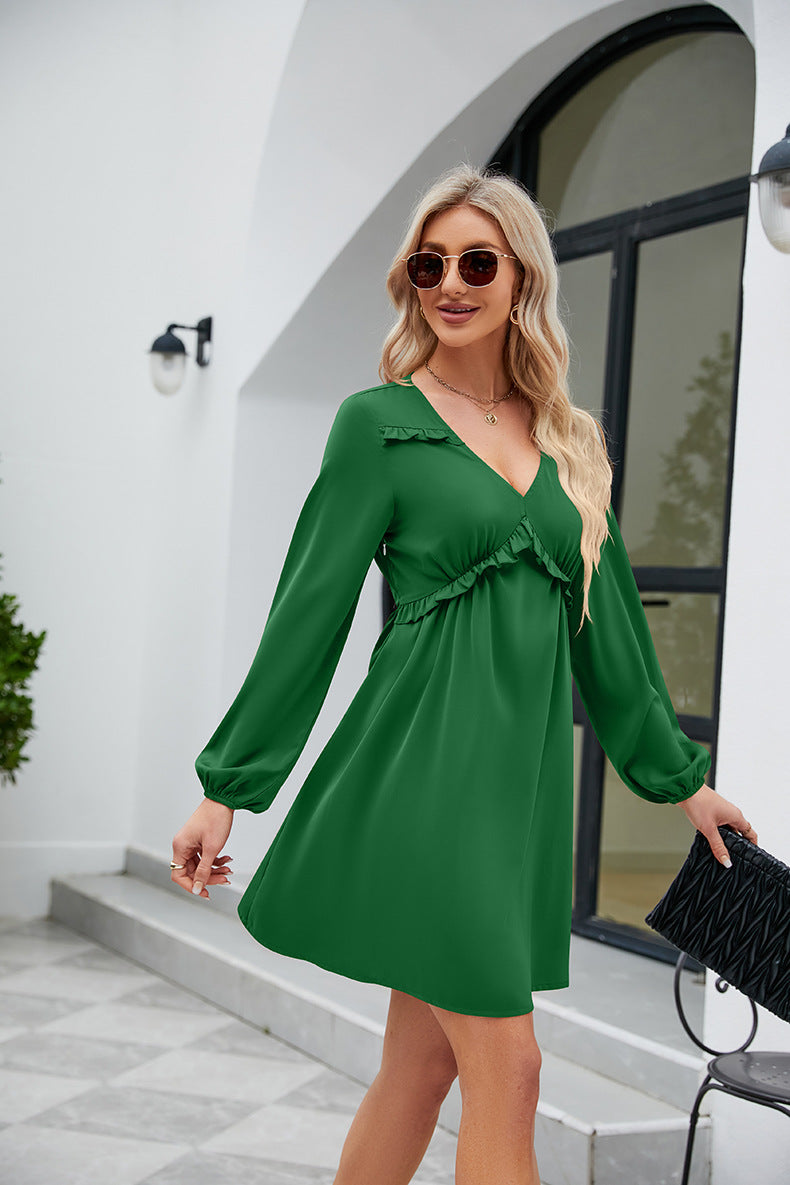 Frill Trim V-Neck Long Sleeve Dress