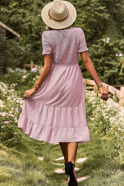 Swiss Dot Smocked Round Neck Short Sleeve Midi Dress