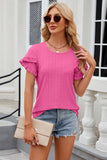 Eyelet Round Neck Petal Sleeve T-Shirt