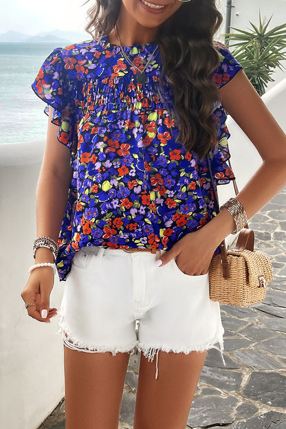 Smocked Printed Mock Neck Cap Sleeve Blouse