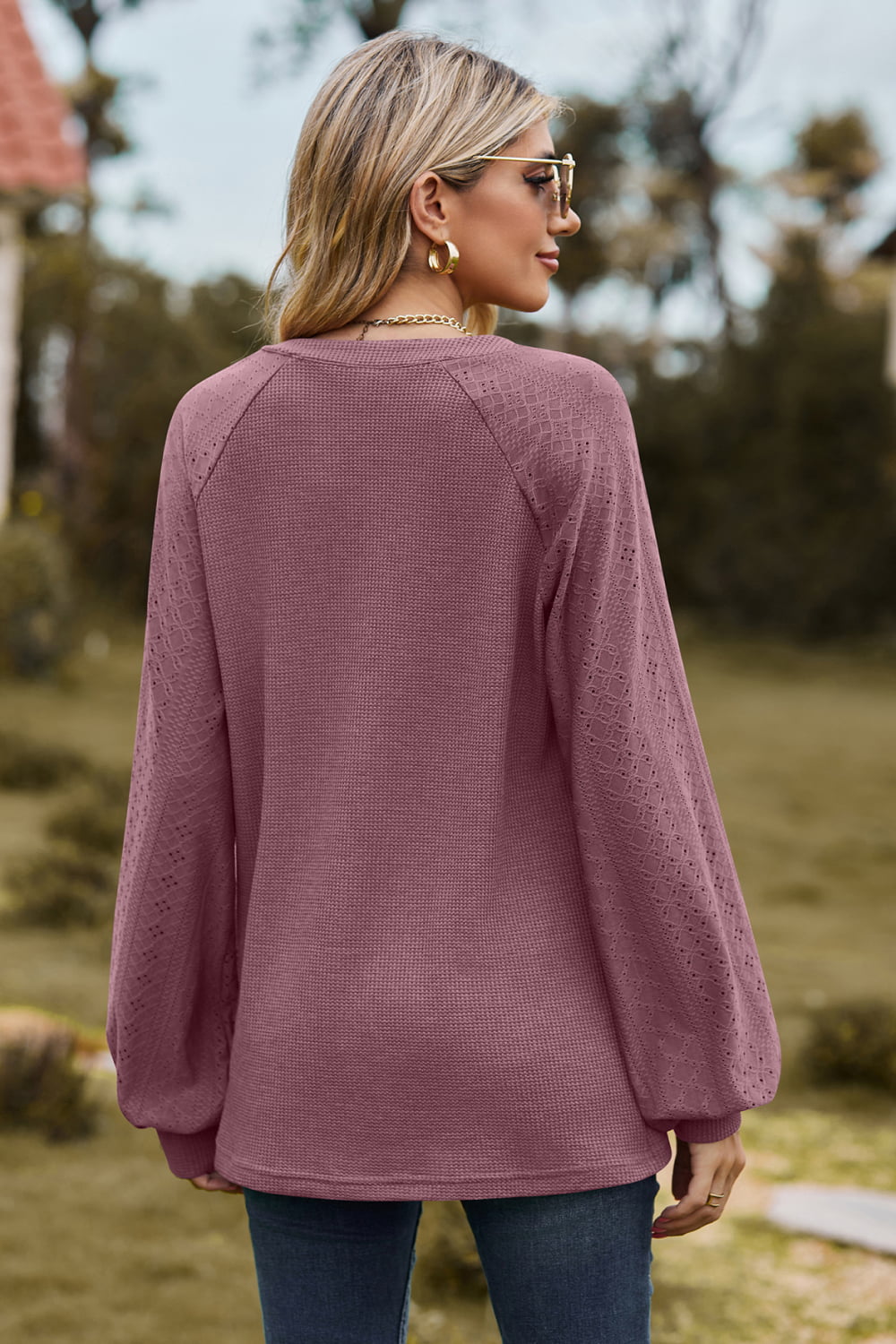 Notched Neck Raglan Sleeve Blouse