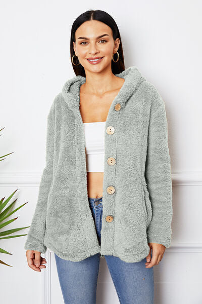 Fuzzy Button Up Hooded Outerwear