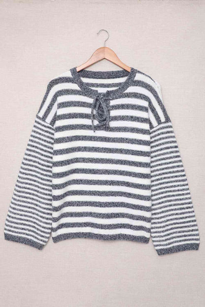 Striped Lace Up Bell Sleeve Sweater