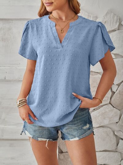 Swiss Dot Notched Petal Sleeve T-Shirt