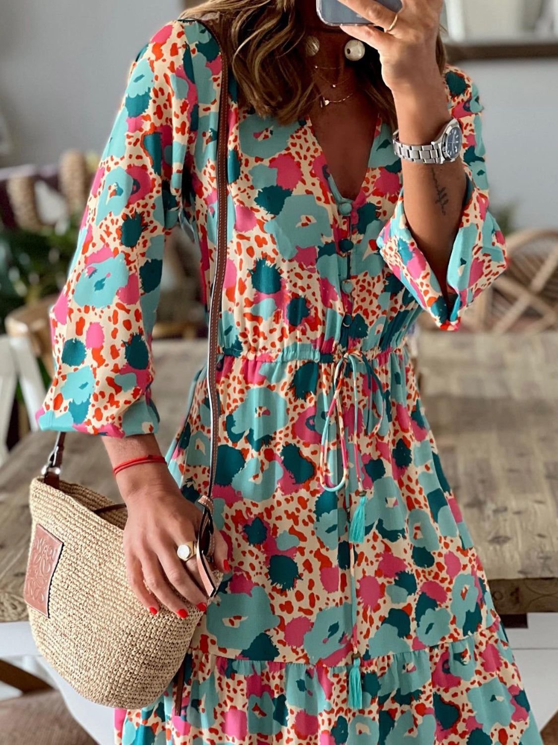 Tassel Printed Three-Quarter Sleeve Dress