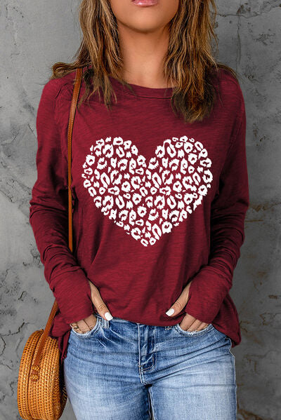 Heart Graphic Round Neck Long Sleeve T-Shirt