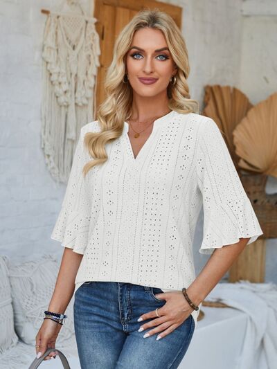 Eyelet Notched Half Sleeve T-Shirt