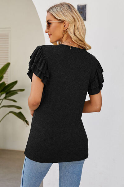 Ruffled V-Neck Flutter Sleeve T-Shirt