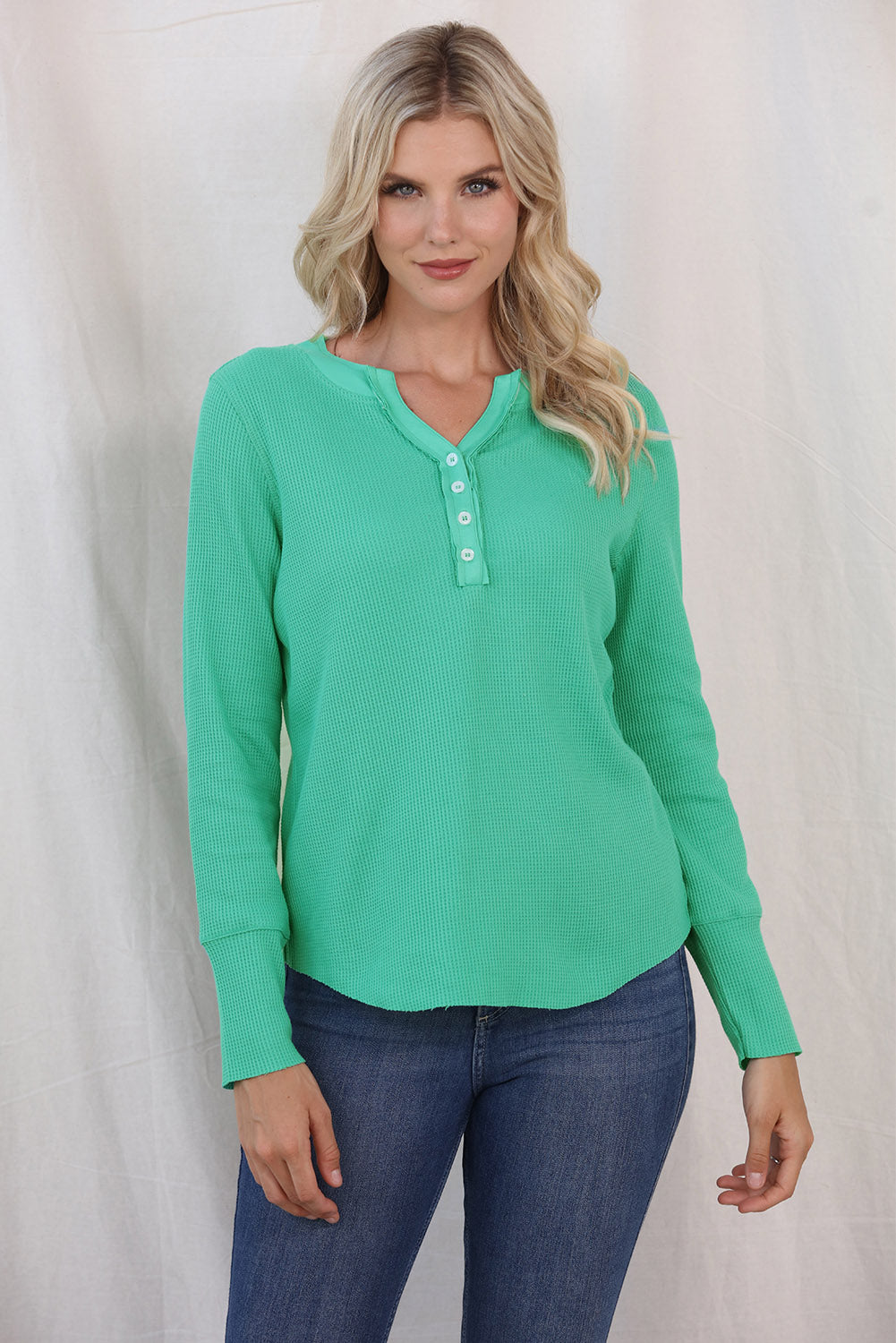 Buttoned Notched Neck Long Sleeve T-Shirt