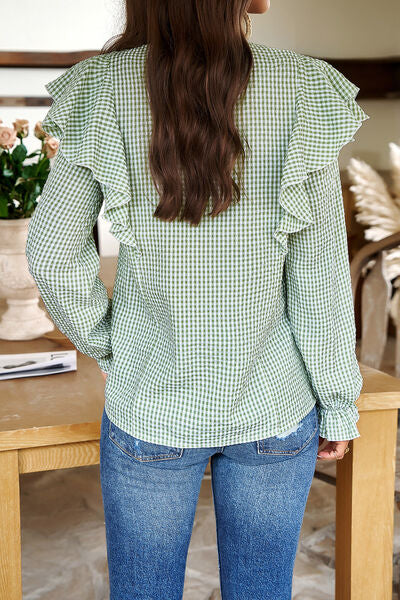 Plaid Notched Flounce Sleeve Shirt