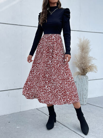 Printed Mock Neck Puff Sleeve Midi Dress