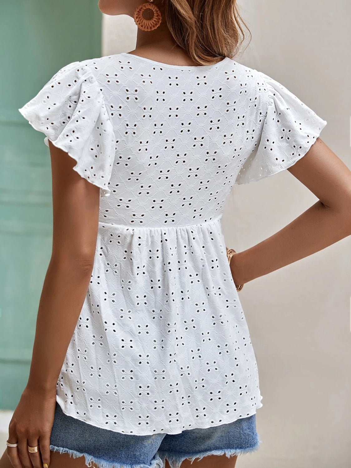 Eyelet Tie Neck Cap Sleeve Blouse