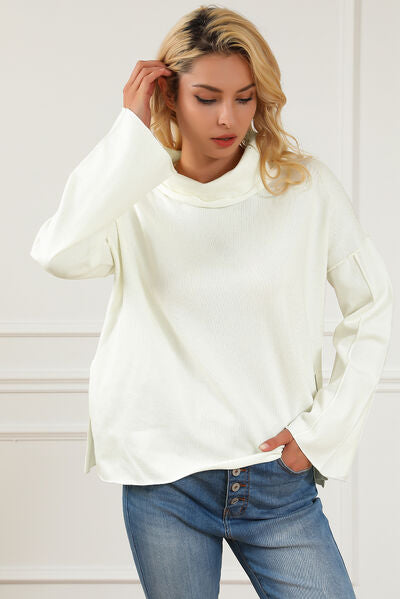 Slit Mock Neck Dropped Shoulder Sweater