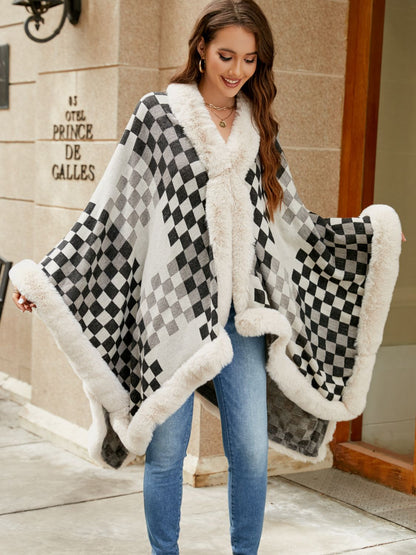 Checkered Faux Fur Trim Poncho