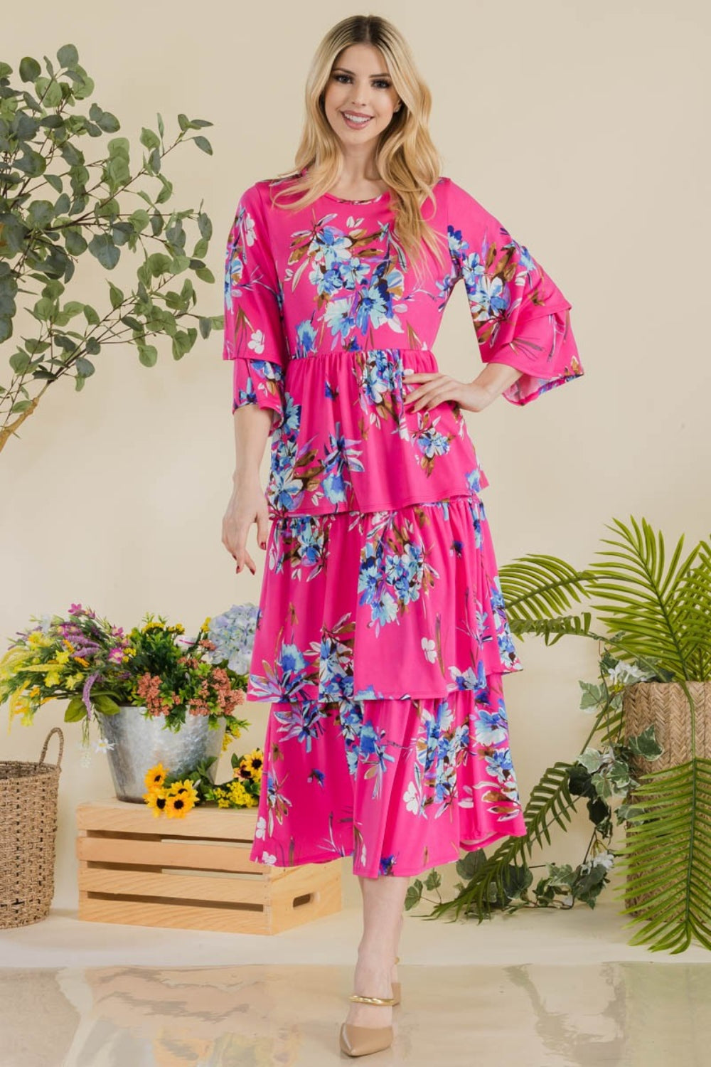 Celeste Full Size Floral Ruffle Tiered Midi Dress