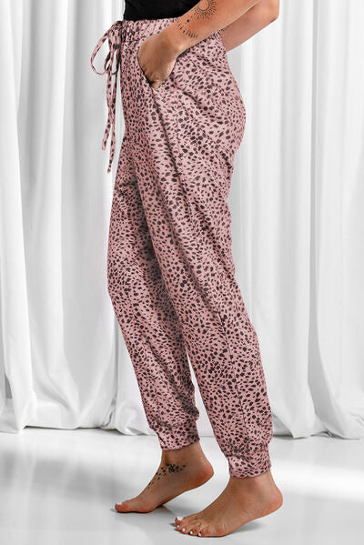 Full Size Leopard Drawstring Pocketed Pants