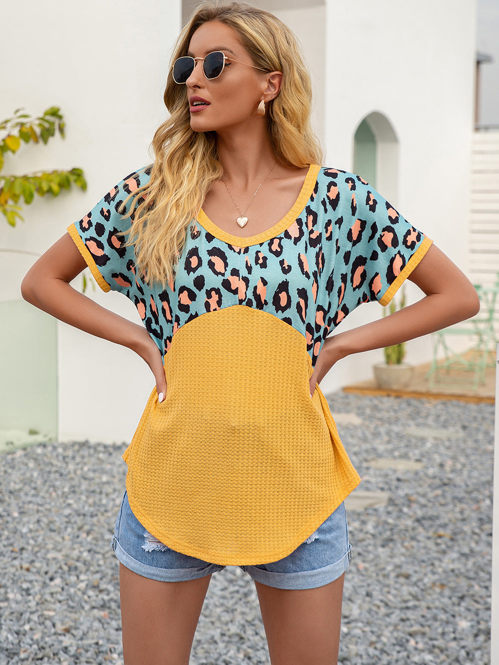 Leopard Waffle-Knit Short Sleeve Top